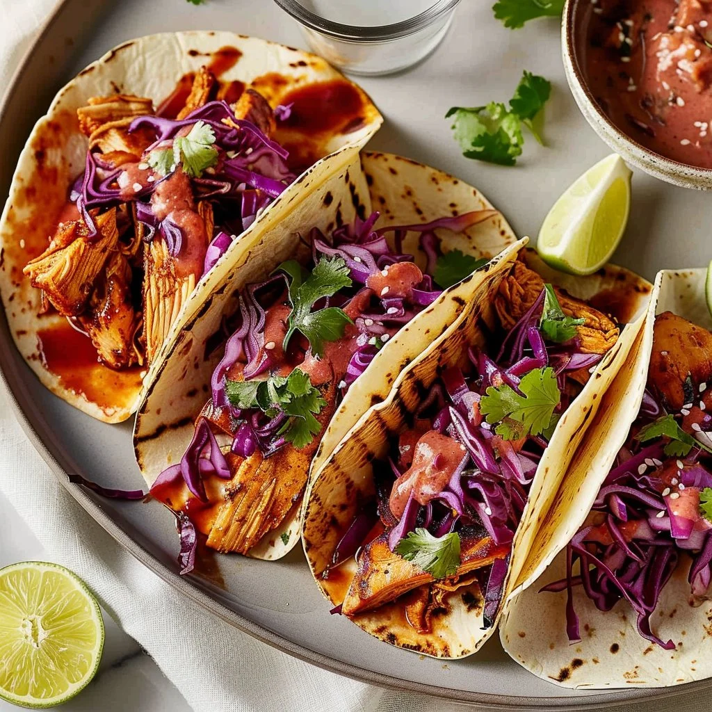 BBQ chicken tacos topped with crunchy red cabbage slaw on a plate
