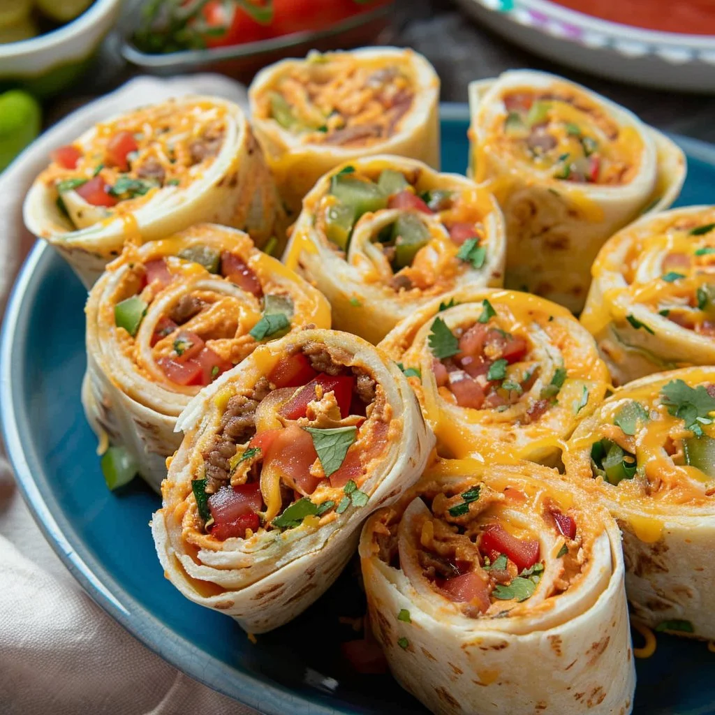 Delicious beef taco pinwheels served on a platter.