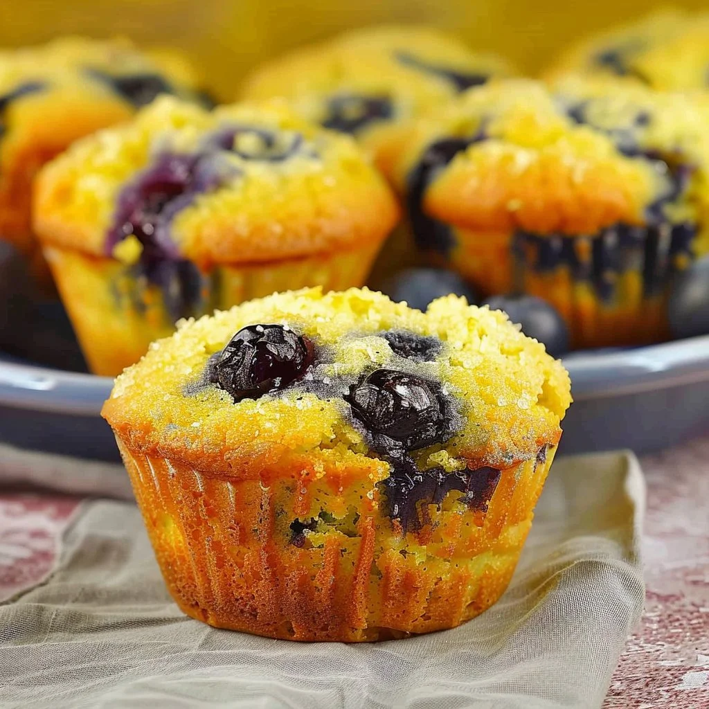 Freshly baked blueberry lemon cornbread muffins on a plate