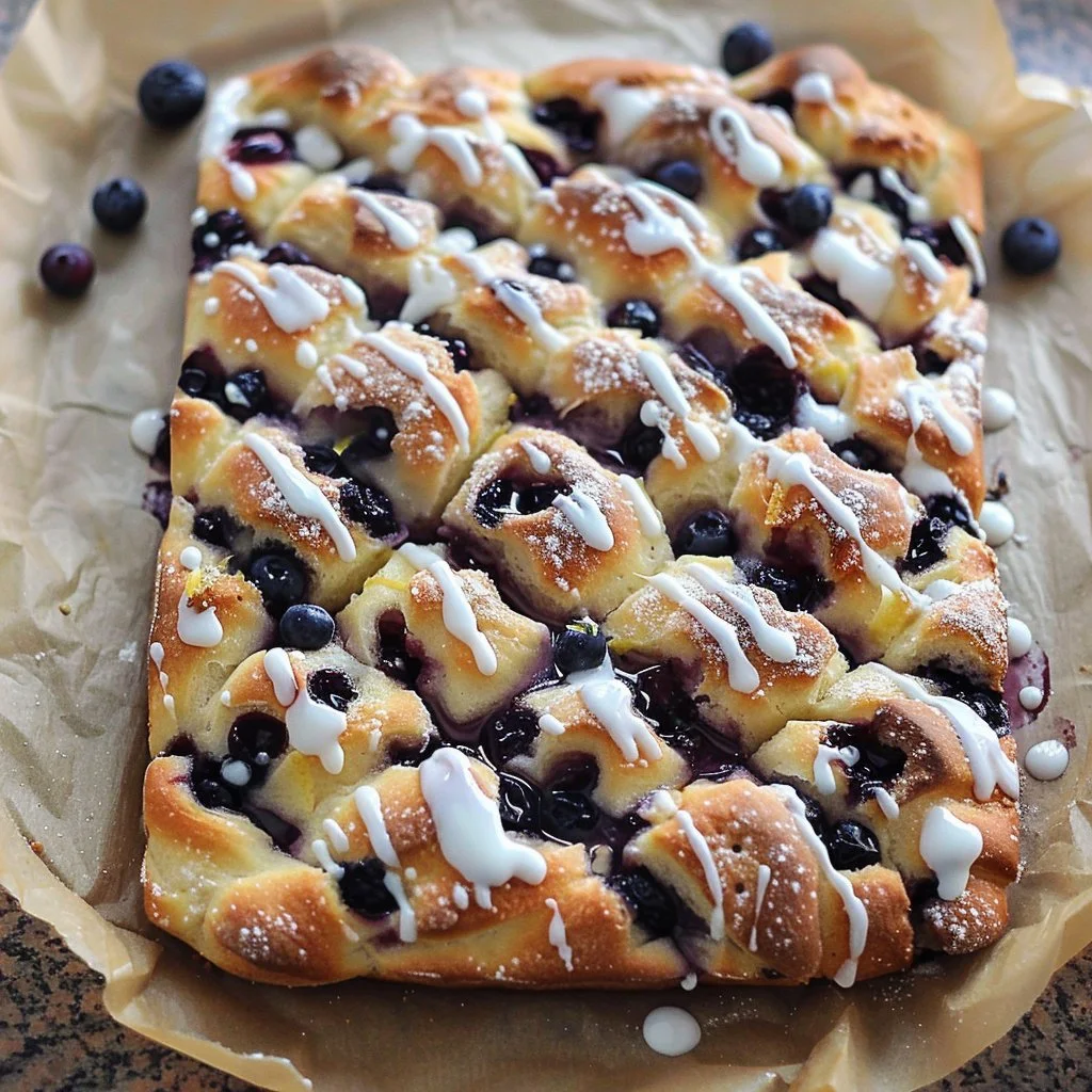 Freshly baked Blueberry Lemon Focaccia topped with blueberries and lemon zest