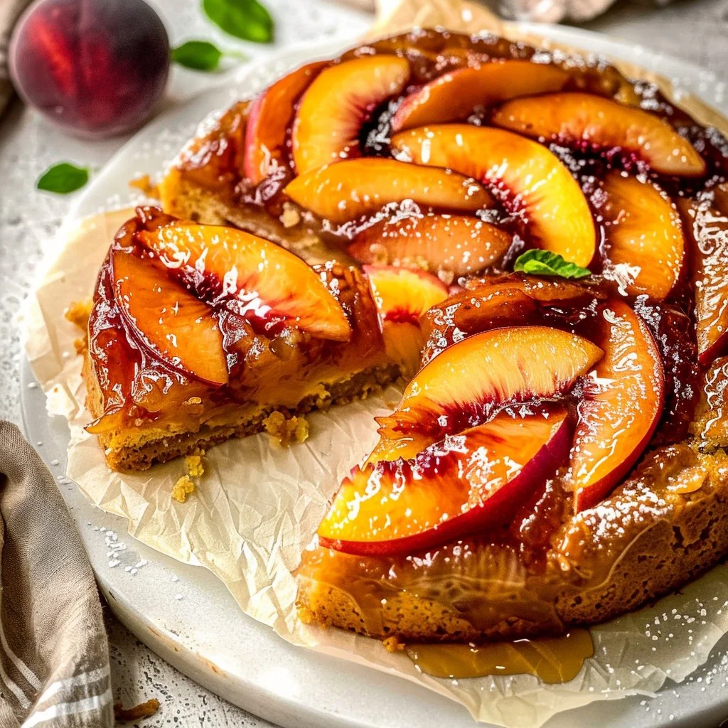 Delicious Bourbon Peach Upside-Down Cake with fresh peaches and bourbon glaze