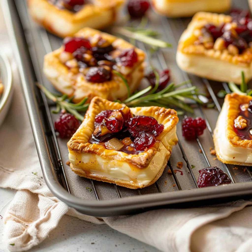 Bite-sized Brie Bites topped with tangy cranberry sauce for appetizers
