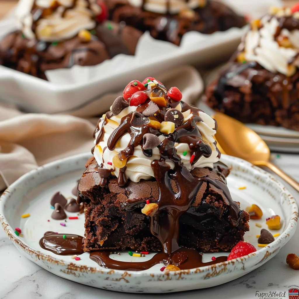 Brownie sundae with hot fudge, ice cream, and nuts in a dessert bowl.