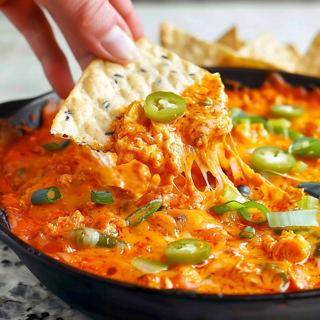 Delicious creamy Buffalo Chicken Dip in a serving dish ready for game day.