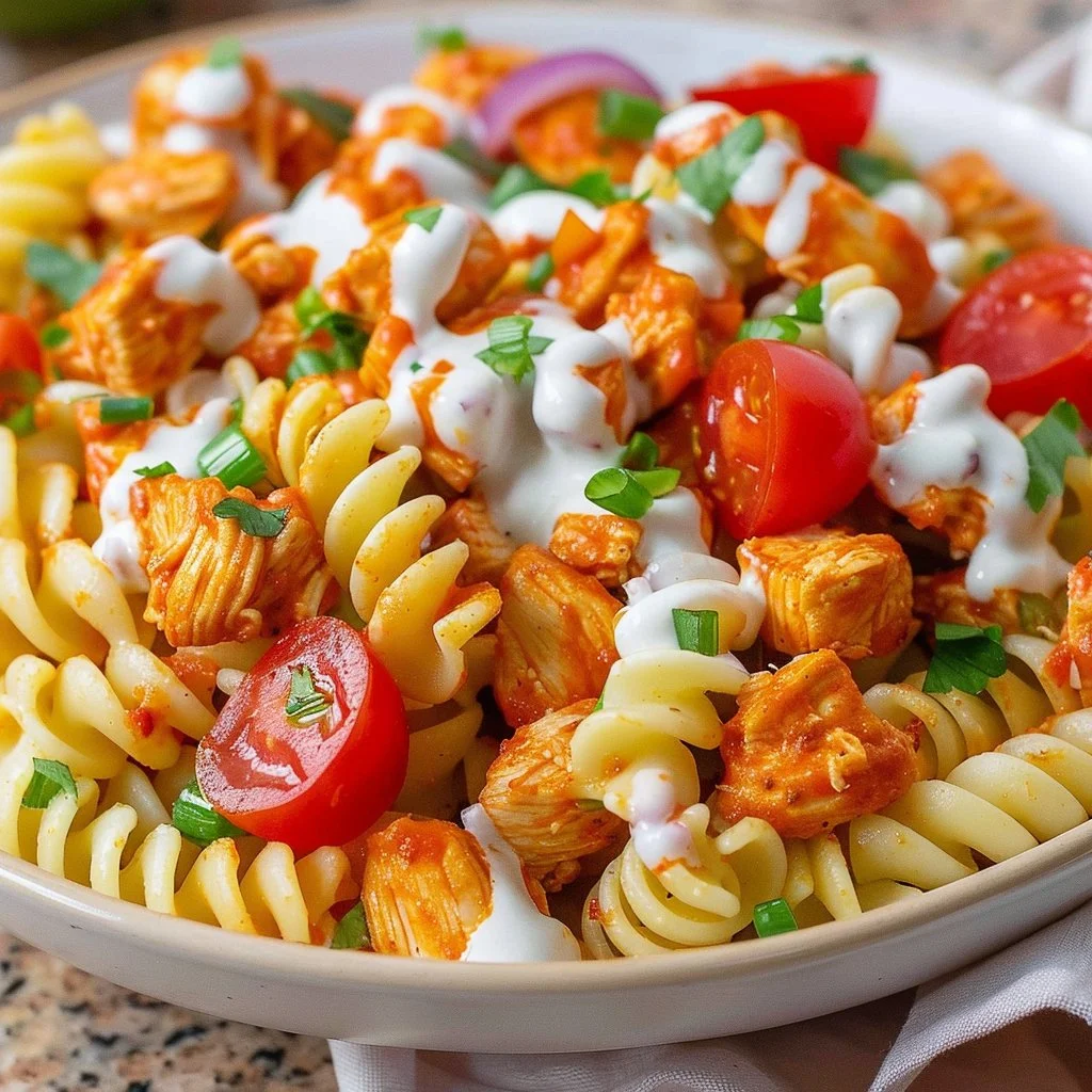 Delicious Buffalo Chicken Pasta Salad with spicy sauce and ingredients