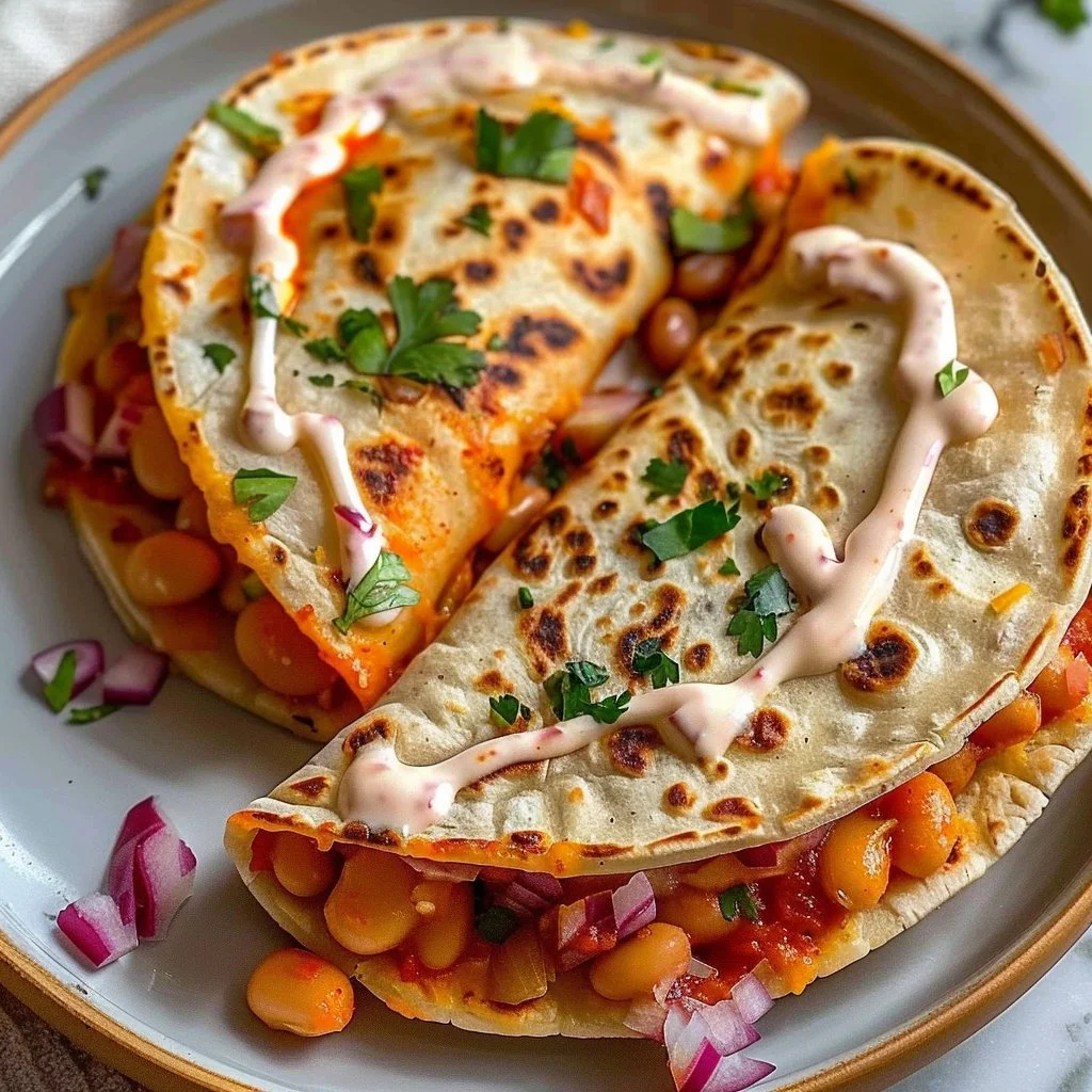 Buffalo White Bean Tacos topped with fresh ingredients and served on a plate