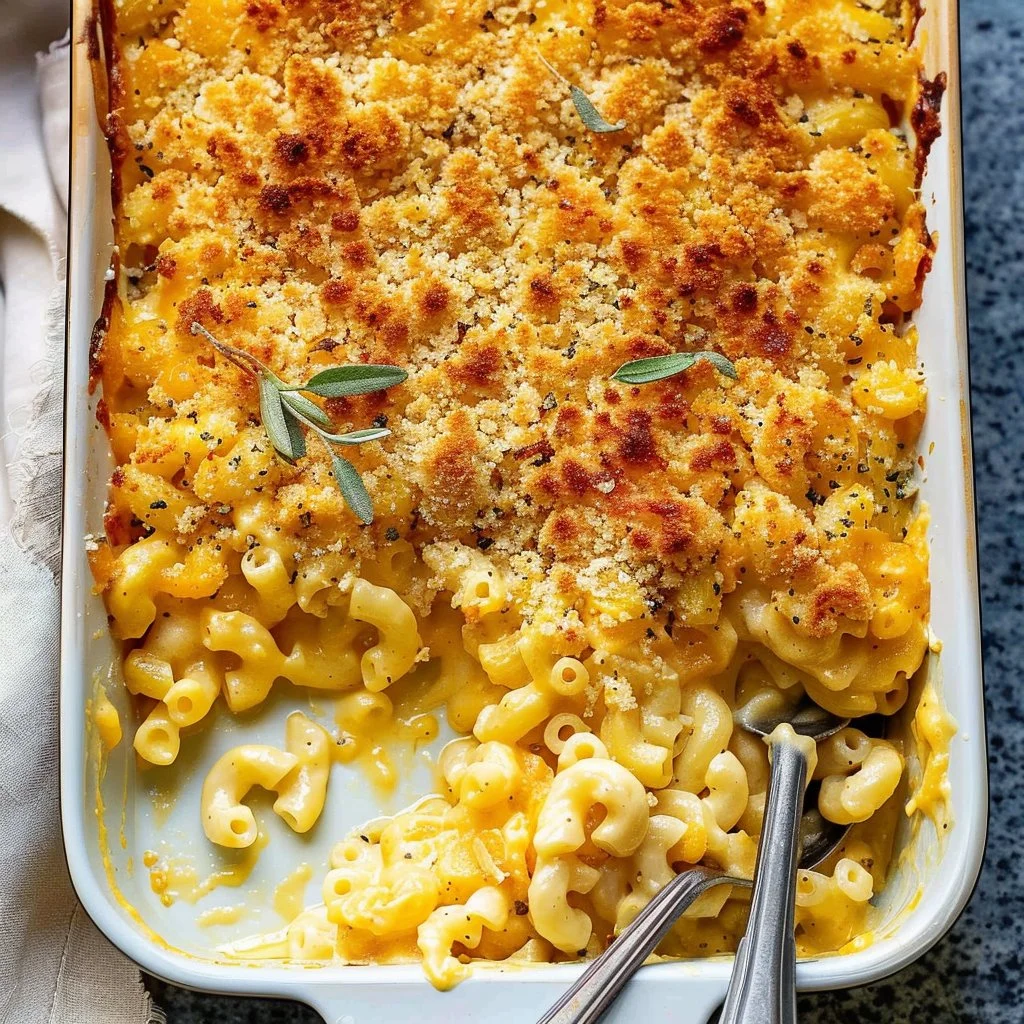 Creamy Butternut Squash Mac and Cheese topped with breadcrumbs
