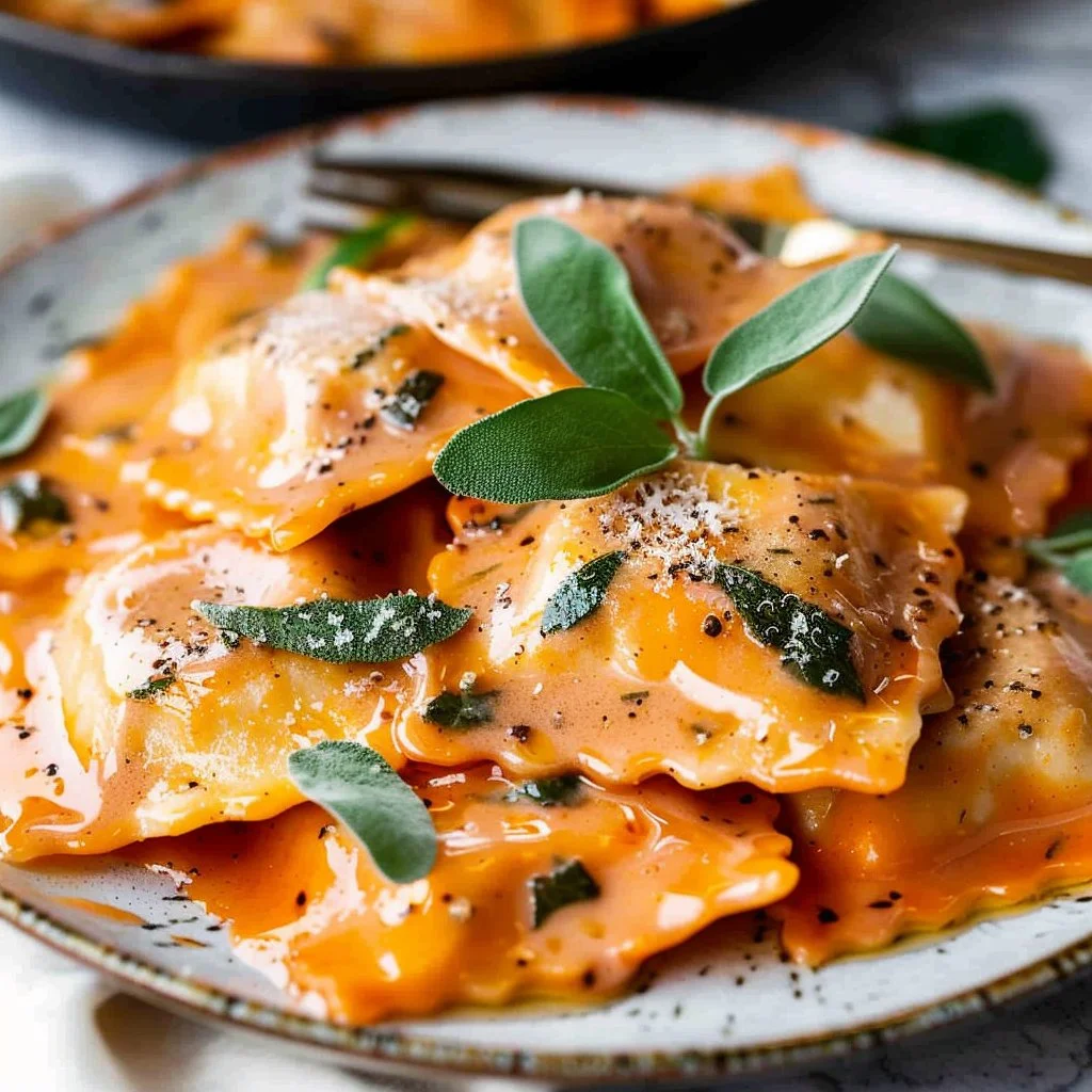 Butternut squash ravioli drizzled with sage brown butter sauce on a plate