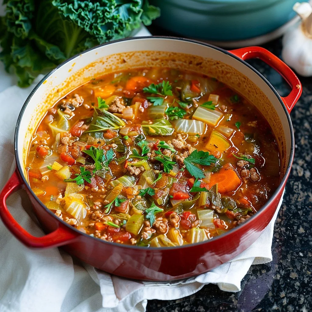 Bowl of delicious cabbage roll soup with tomatoes and herbs