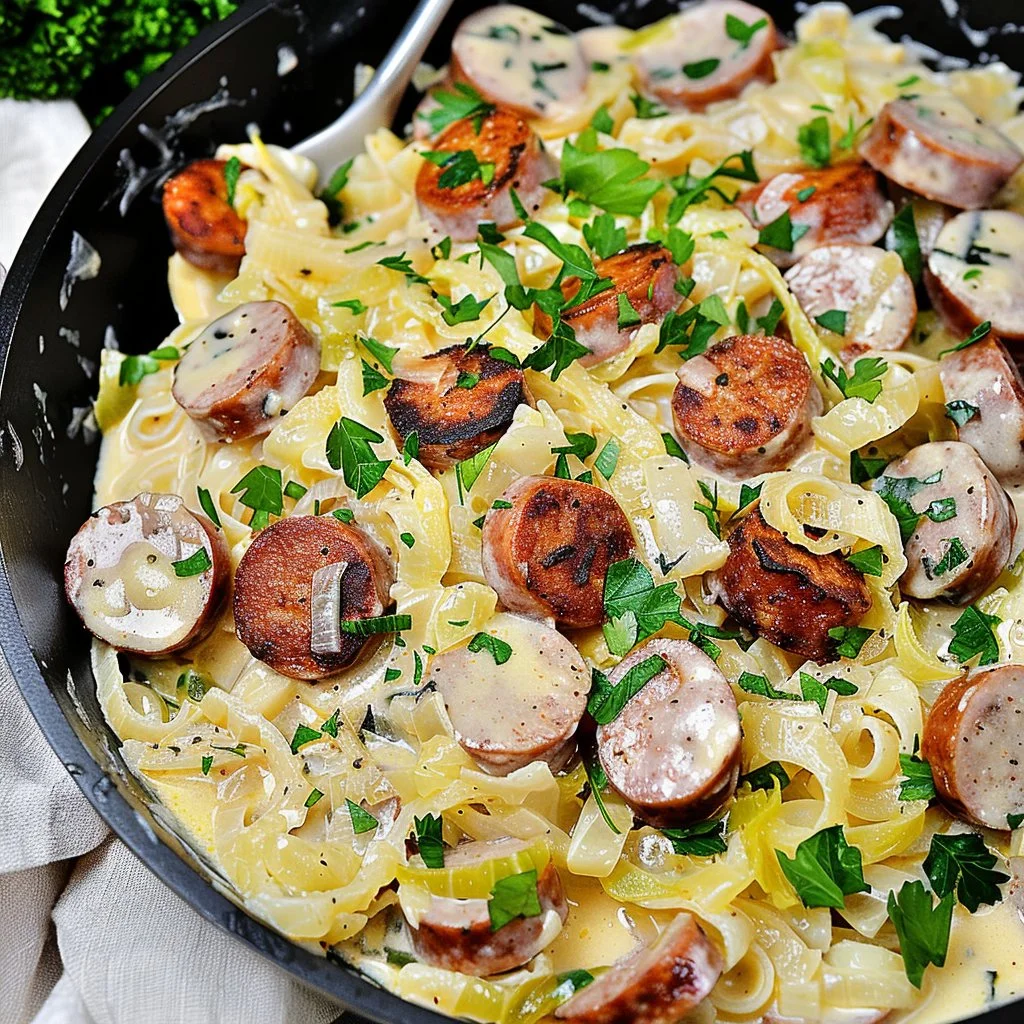 Delicious Cajun Sausage Alfredo with Cabbage served on a plate