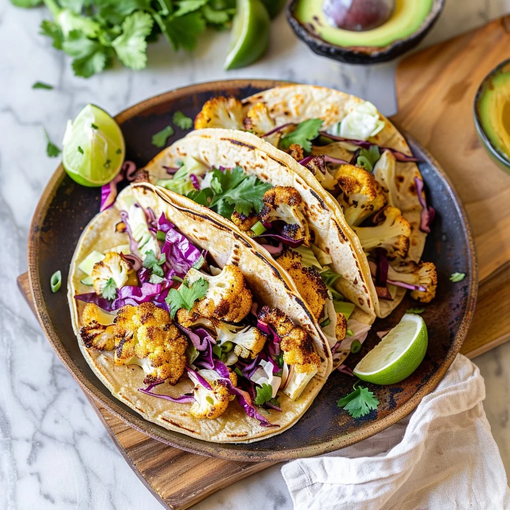 Delicious cauliflower tacos topped with crunchy cabbage slaw on a plate