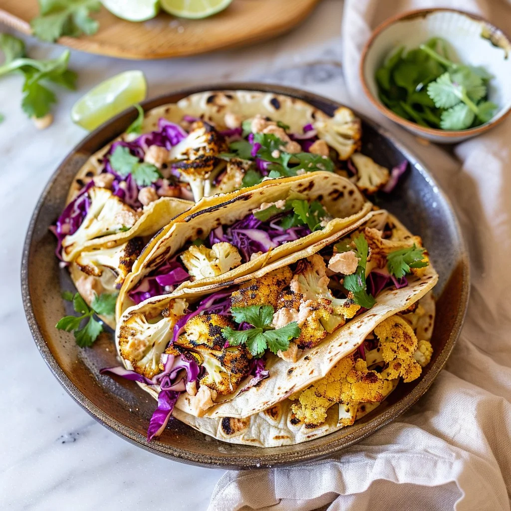 Cauliflower tacos with crunchy cabbage slaw on a plate