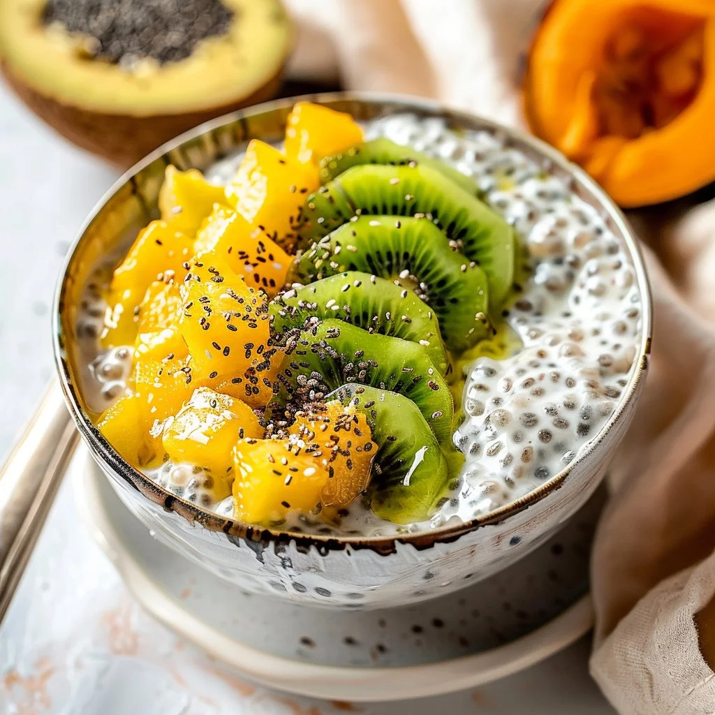 Chia Pudding Tropical Breakfast Bowl topped with fresh fruits and coconut flakes