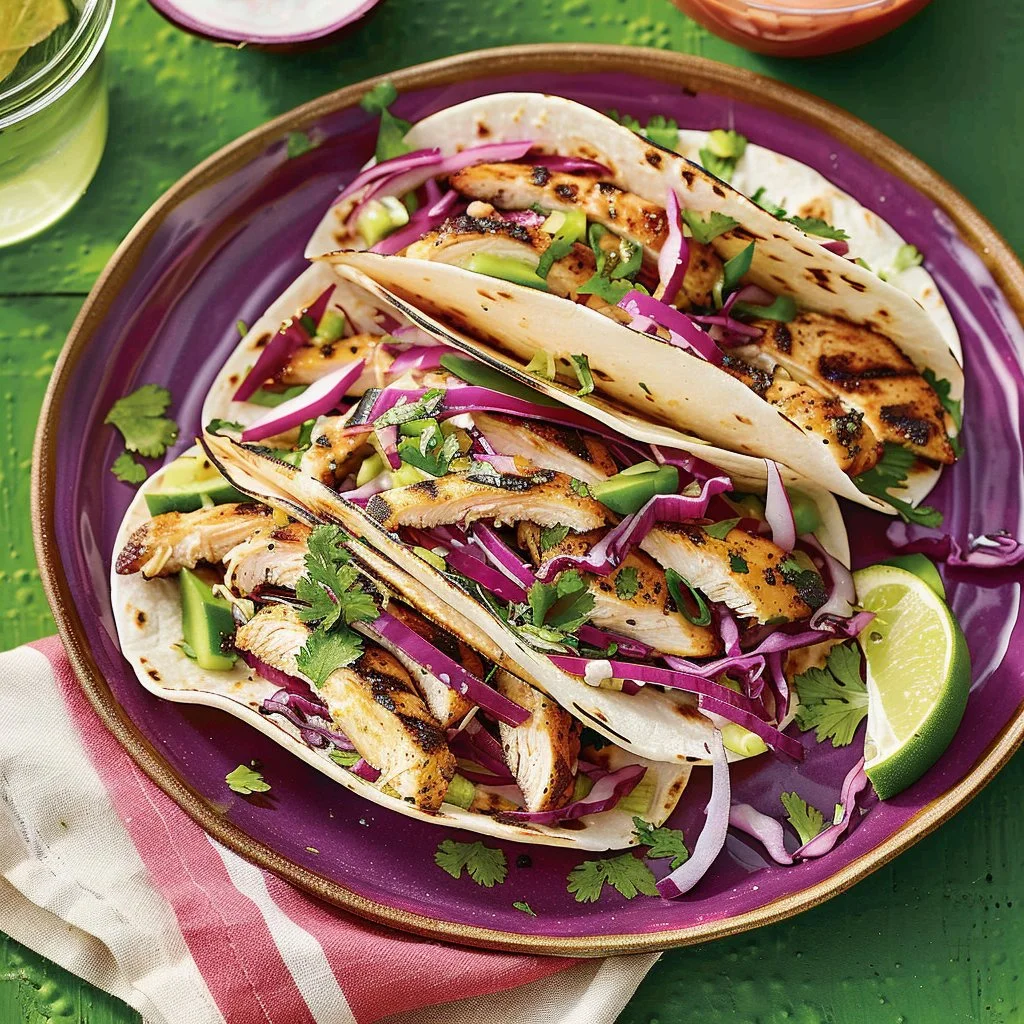 Chicken street tacos served with red cabbage slaw and lime-pickled onions