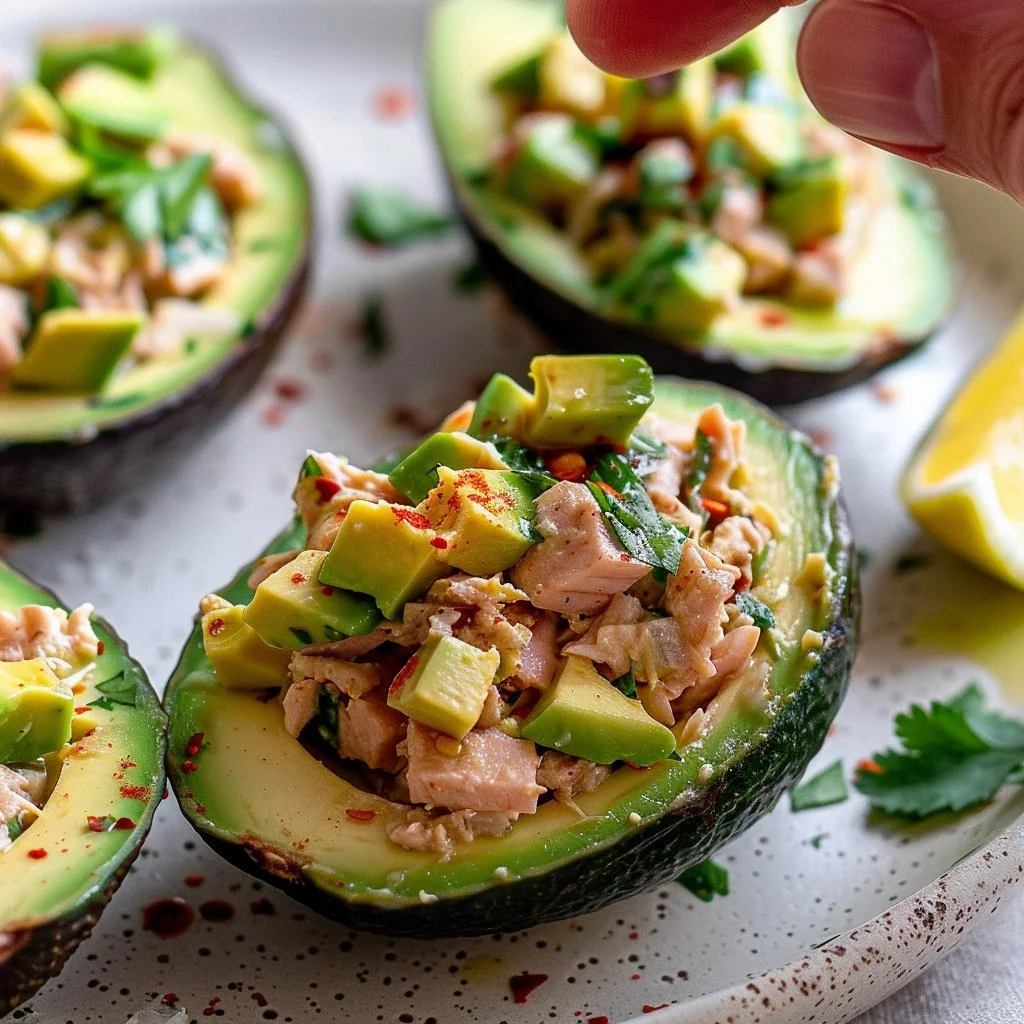 Chipotle tuna salad served in avocado cups, a healthy and delicious meal option.