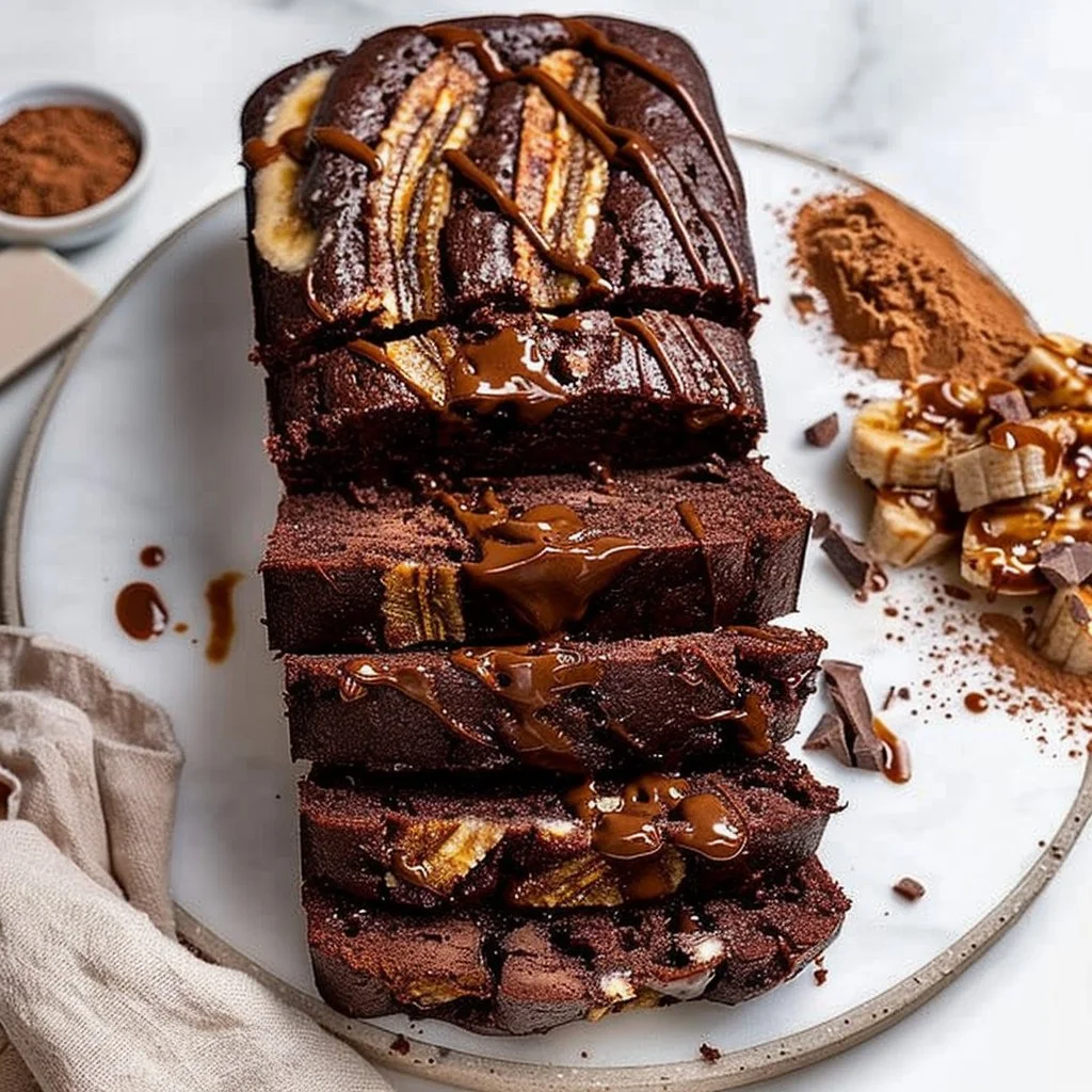 Moist chocolate peanut butter banana bread slice with chocolate drizzle