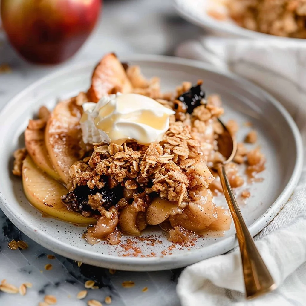 Delicious Cinnamon Apple Crisp topped with a crunchy layer of oats and cinnamon.