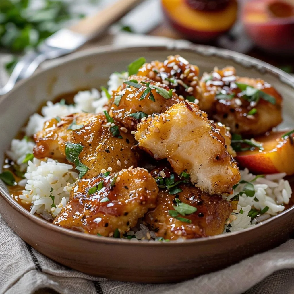 Delicious Coconut Peach Chicken dish with a sweet and savory glaze