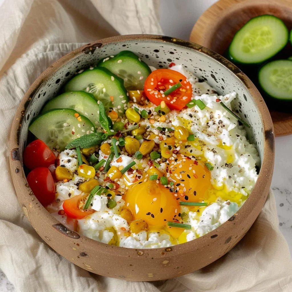 Delicious cottage cheese bowl topped with fruits and nuts for a healthy breakfast