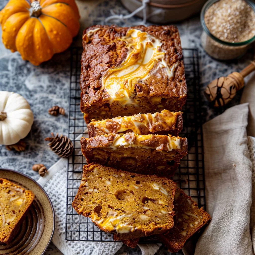Slice of cream cheese swirl cinnamon pumpkin butter bread on a wooden board