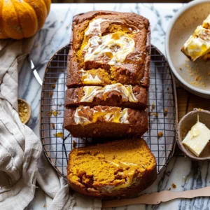 Delicious cream cheese swirled pumpkin bread with salted maple butter spread