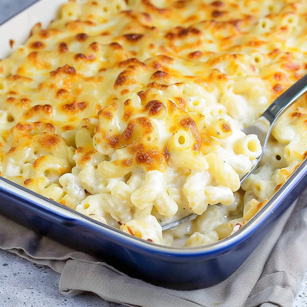 Bowl of creamy macaroni and cheese topped with breadcrumbs