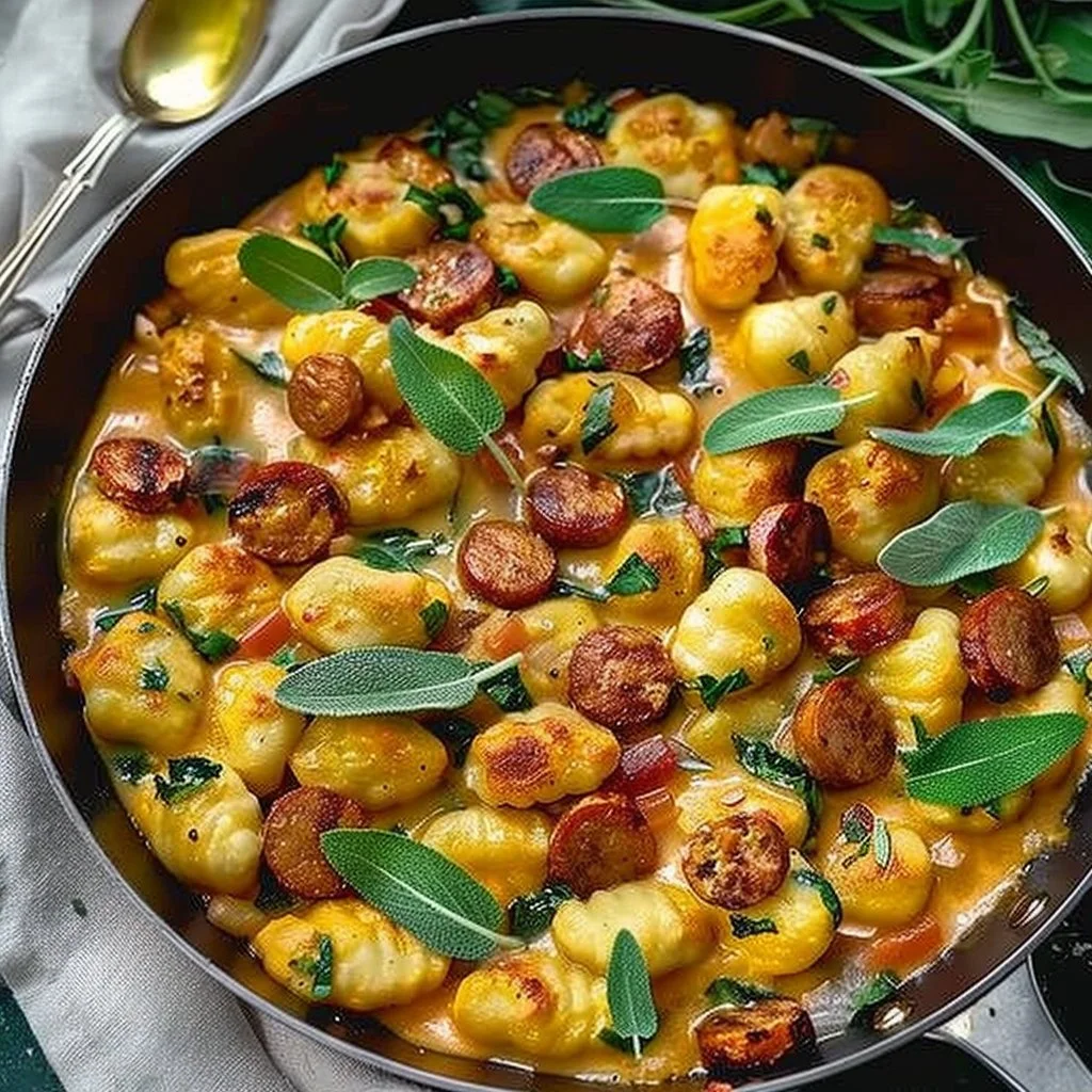 Creamy pumpkin gnocchi dish with sausage topped with herbs