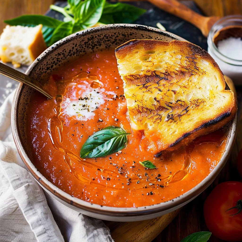 Bowl of creamy tomato soup served with a side of grilled cheese sandwich