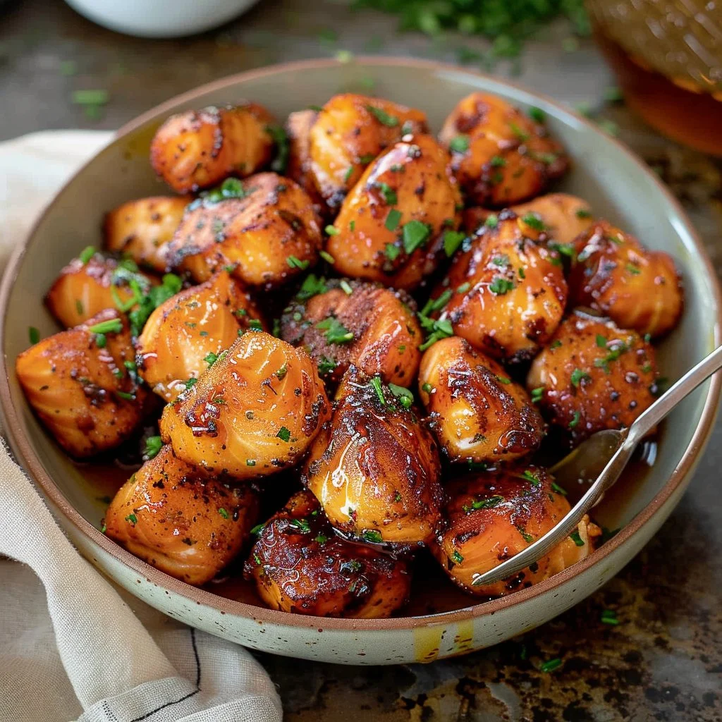 Crispy salmon bites with sweet chili glaze served on a plate