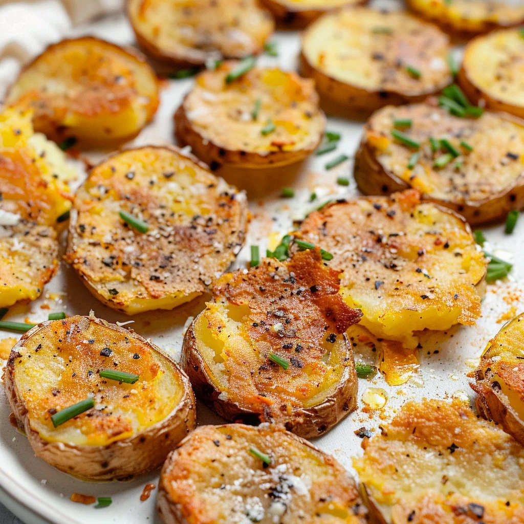 Plate of crispy smashed potatoes with a golden, crunchy exterior and fresh herbs