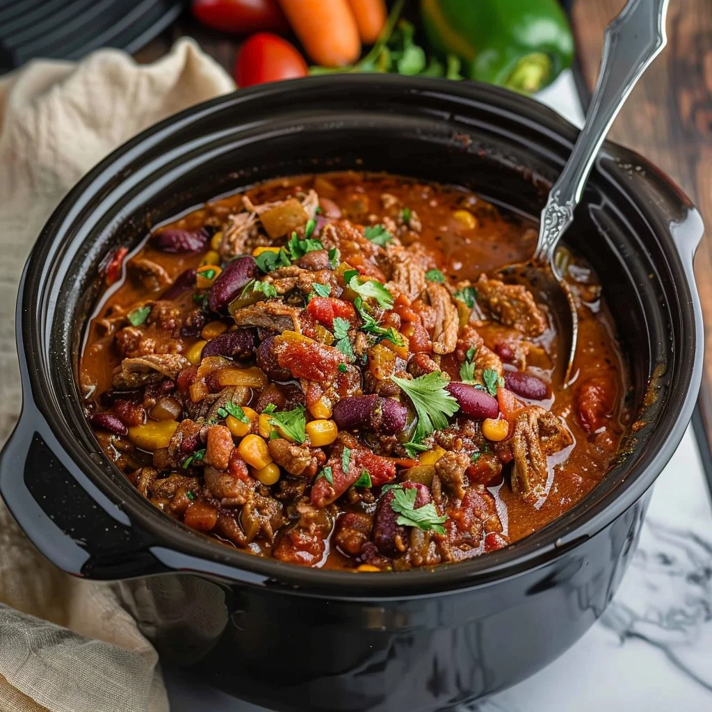 Crockpot beef chili in a bowl with toppings, an easy slow cooker recipe