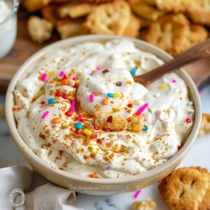 A bowl of delicious Dunkaroo Dip with colorful sprinkles and dippers.