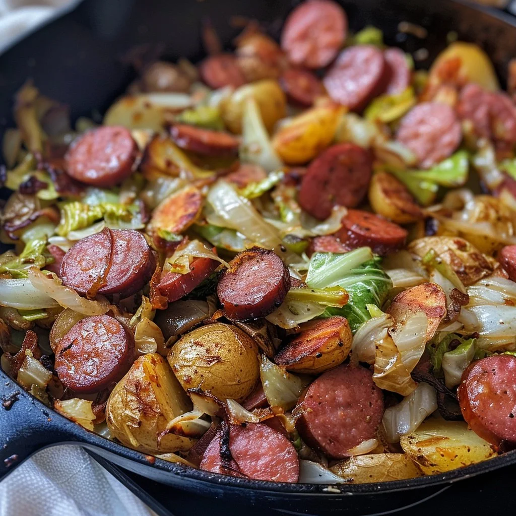 Dish of fried kielbasa with cabbage and roasted potatoes on a plate