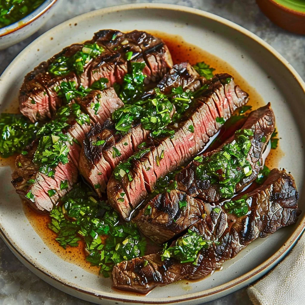 Garlic herb skirt steak served with vibrant chimichurri sauce on a plate.