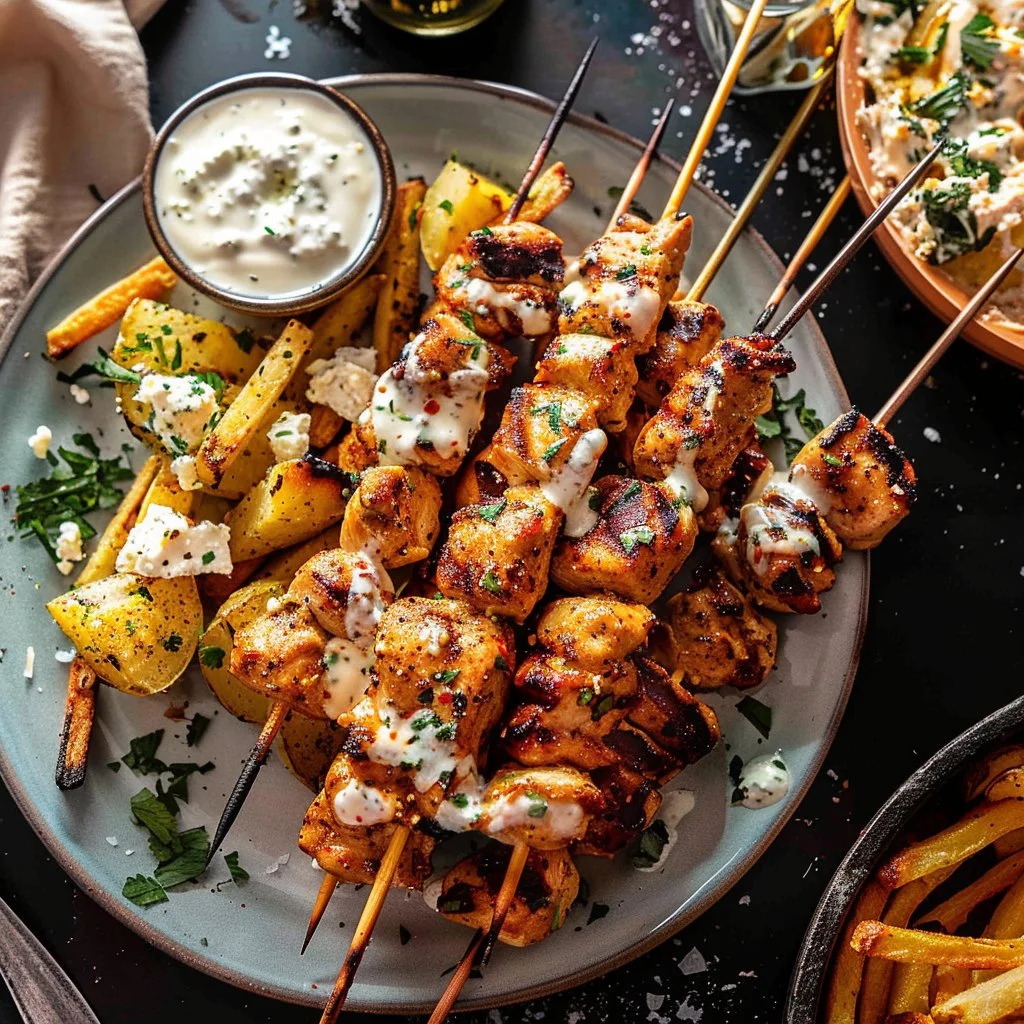 Greek Chicken Skewers with Feta Fries
