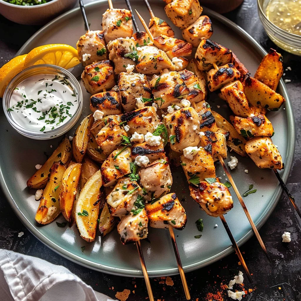 Greek Chicken Skewers with Feta Fries
