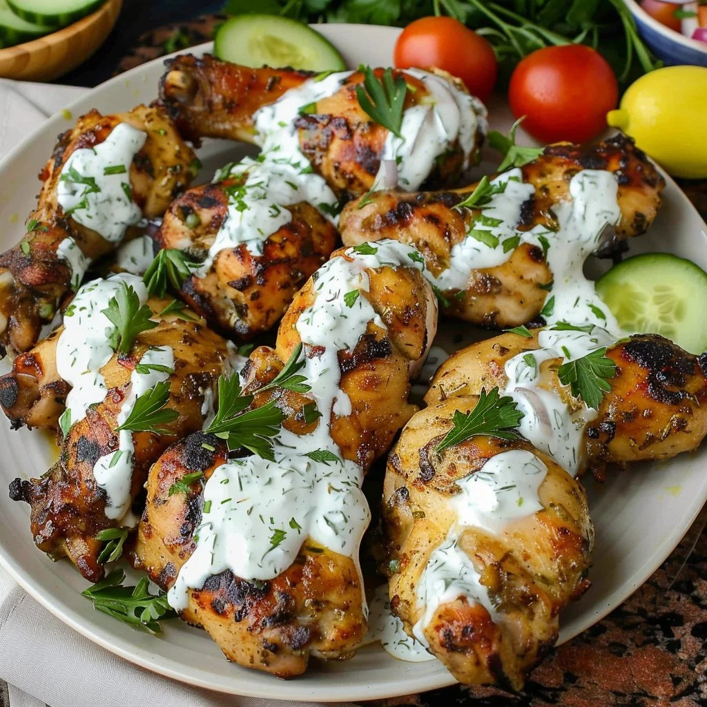 Plate of Greek marinated chicken with tzatziki sauce and fresh vegetables