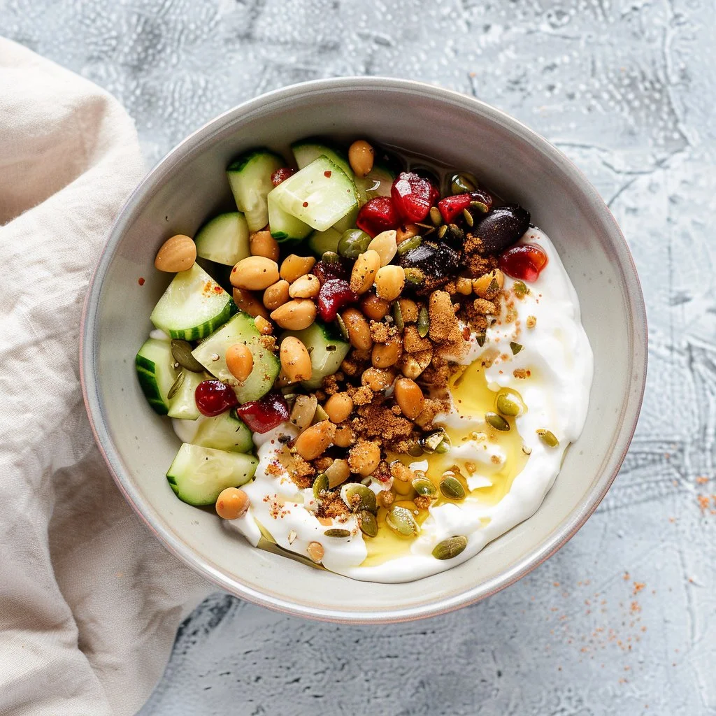 Delicious Greek yogurt bowl topped with fresh fruits and nuts for breakfast