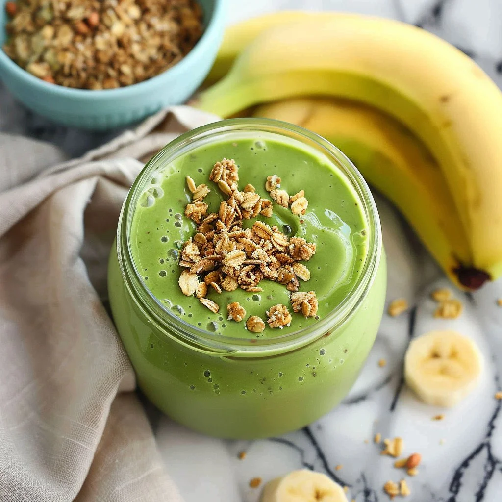 Green Kefir Smoothie topped with granola for a nutritious boost