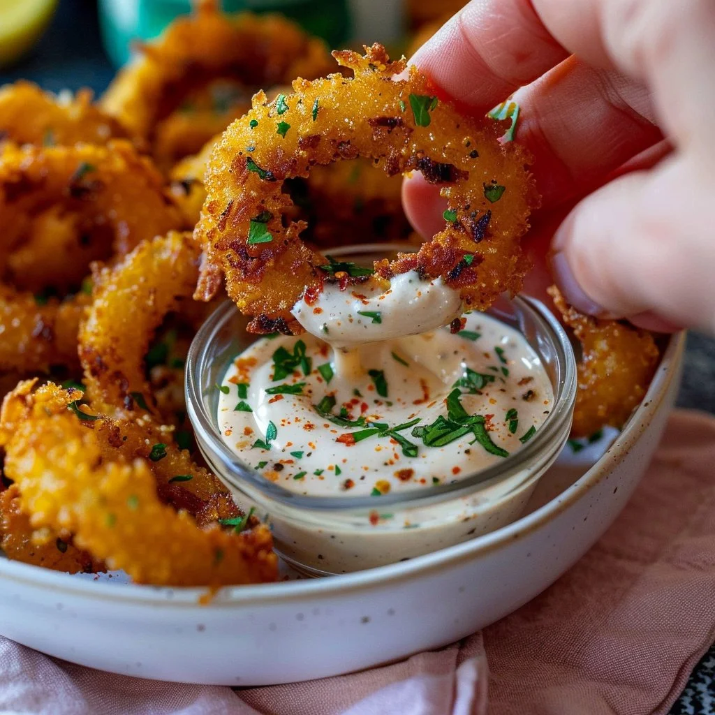 Grilled sweet onion rings served with smoky dipping sauce