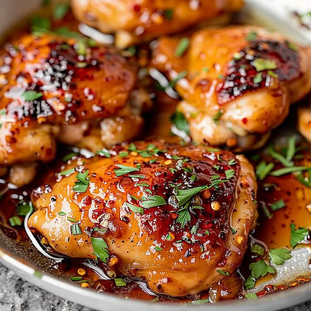 Cooked Honey Garlic Chicken Thighs served on a plate.