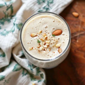 Kefir smoothie with almond and peach in a glass garnished with fresh fruit.