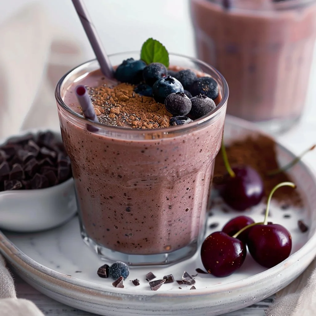 Kefir smoothie with chocolate, blueberry, and cherry in a glass.