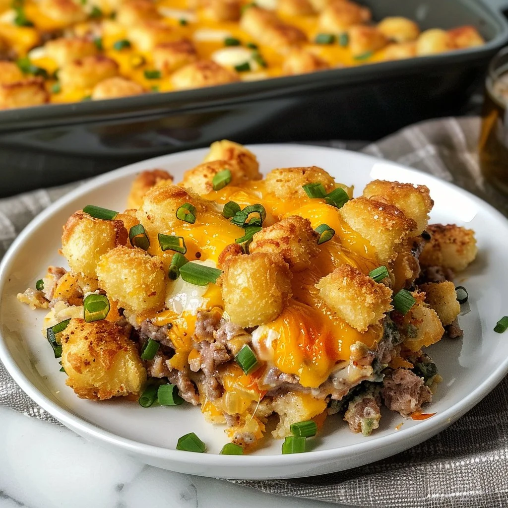 Delicious Loaded Breakfast Tater Tot Casserole with toppings