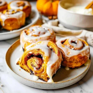 Fluffy pumpkin cinnamon rolls with maple cream cheese glaze on a plate