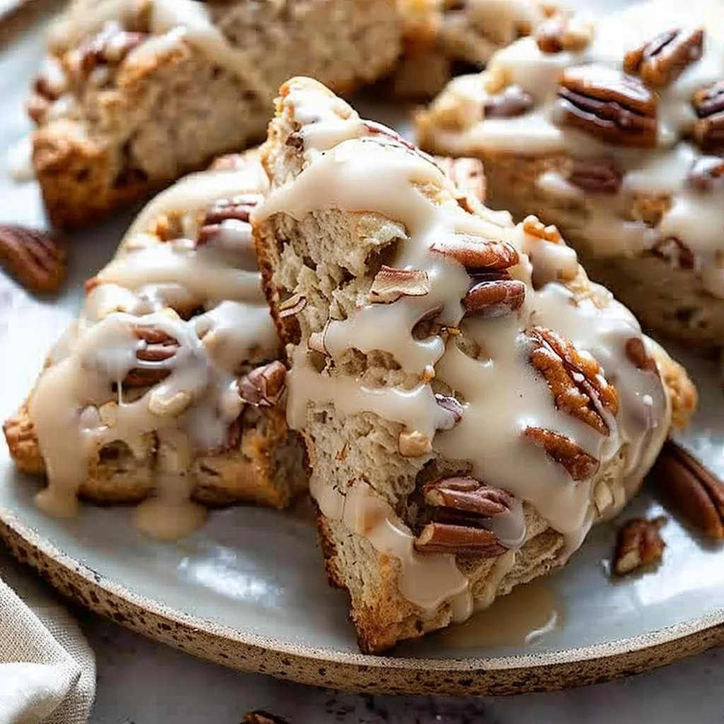 Delicious Maple Pecan Scones topped with a perfect glaze on a plate