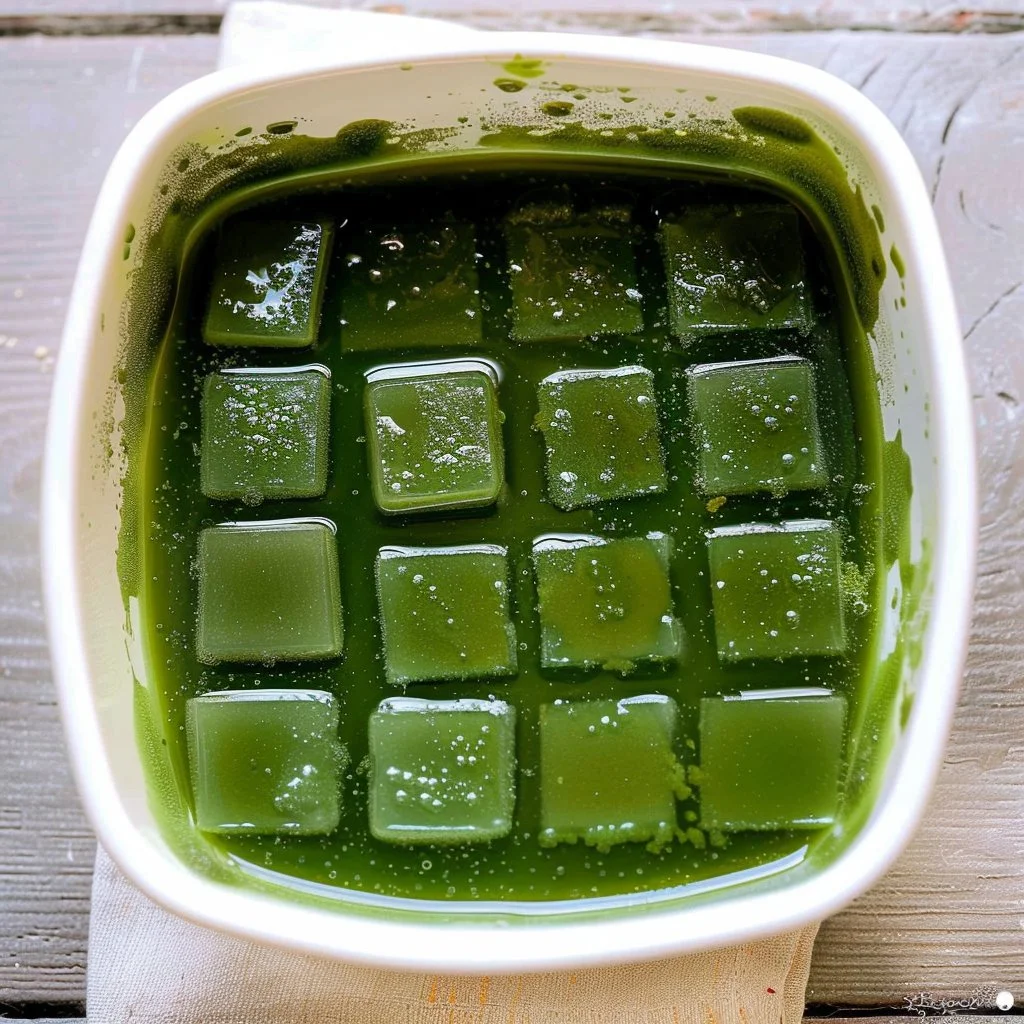 Deliciously vibrant matcha jelly cubes in a bowl, ideal for desserts