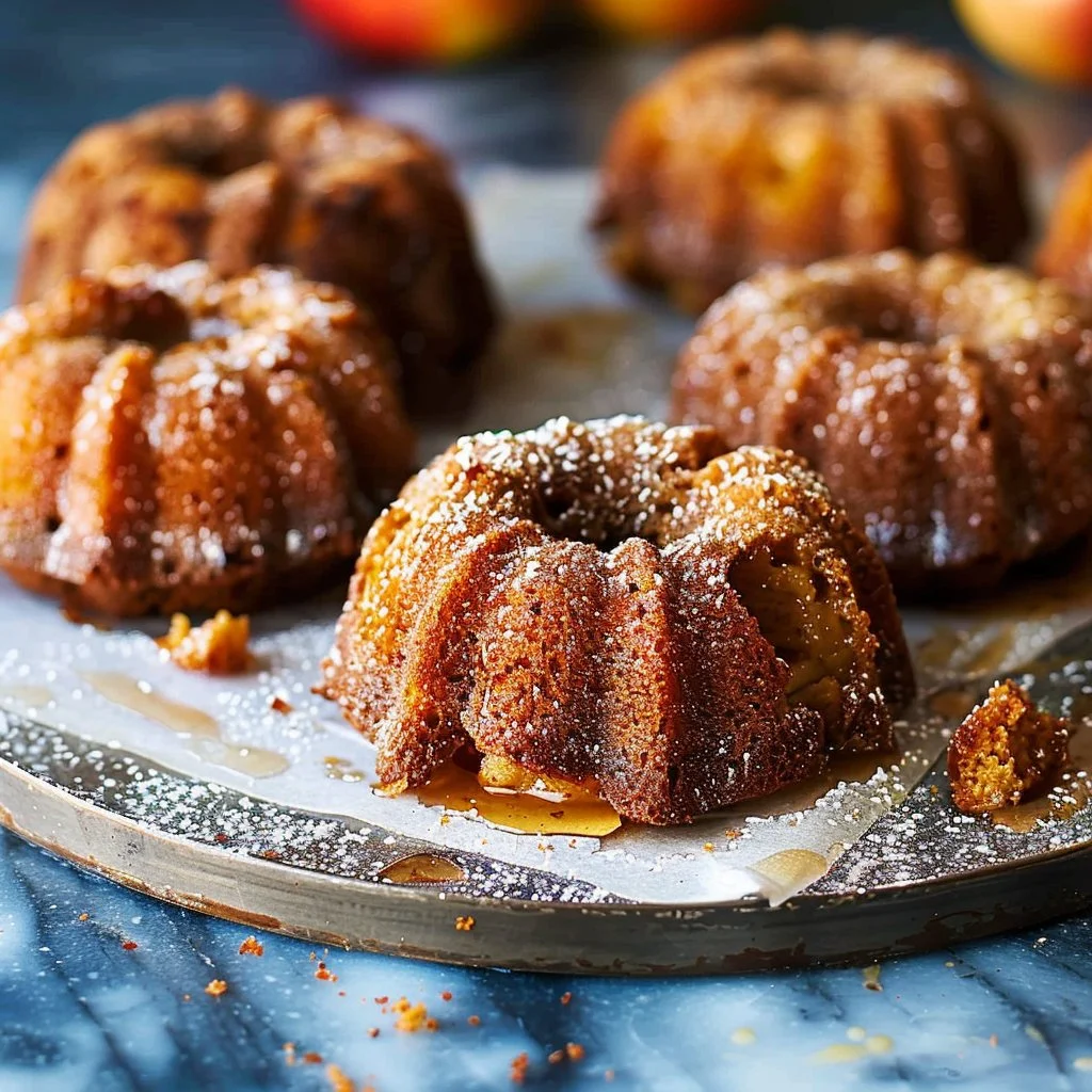 Mini Apple Cider Bundt Cakes topped with glaze on a white plate