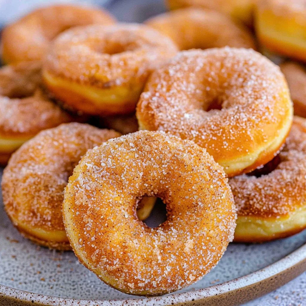 Mini cinnamon sugar donuts on a plate, covered in cinnamon and sugar