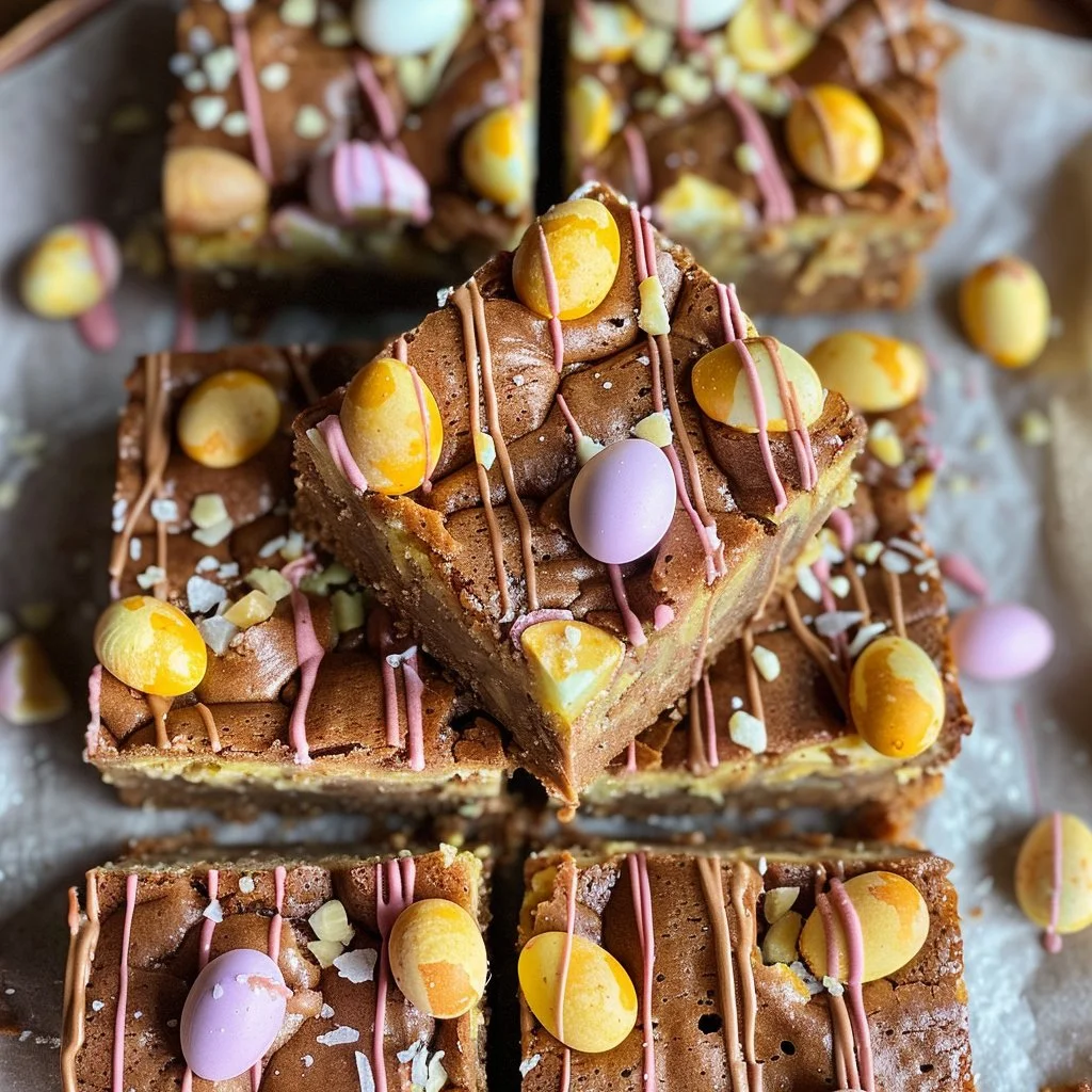 Mini Egg Blondies topped with colorful mini chocolate eggs and chocolate drizzles